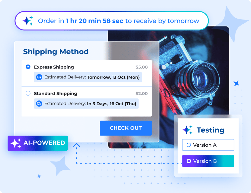 Parcel Perform Checkout Experience interface showing AI-Powered features like A/B testing capabilities for checkout shipping methods Parcel Perform Checkout Experience interface showing AI-Powered features like A/B testing capabilities for checkout shipping methods